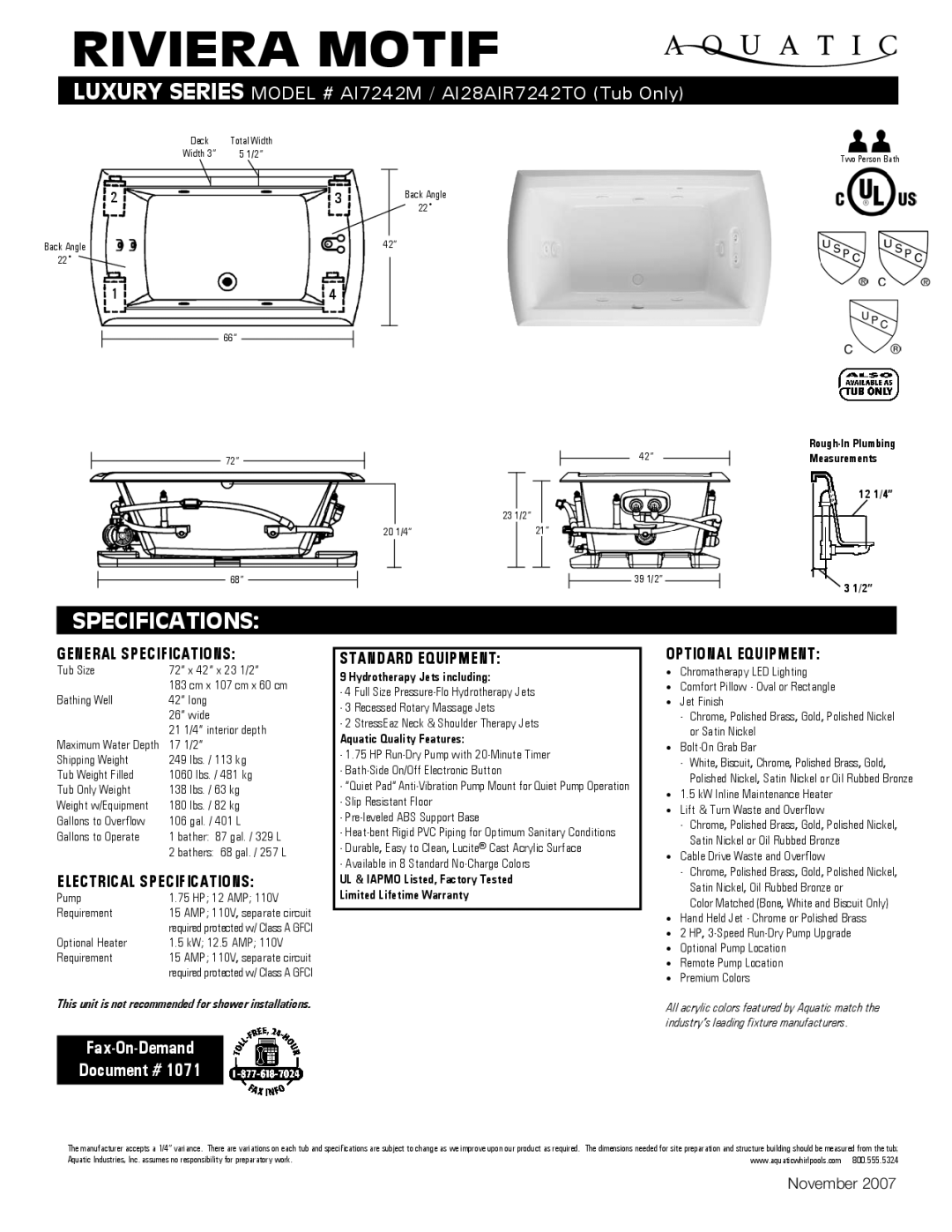 Aquatic AI7242M specifications General Specifications, Electrical Specifications, Standard equipment, Optional equipment 