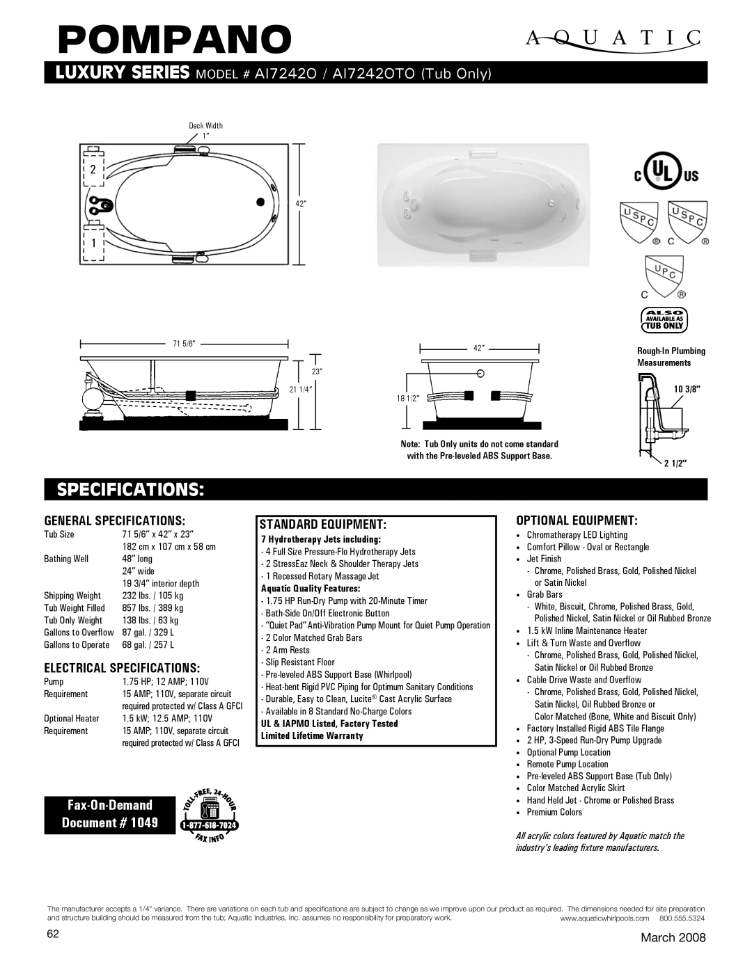 Aquatic AI7242OTO specifications General Specifications, Electrical Specifications, Standard equipment, Optional equipment 