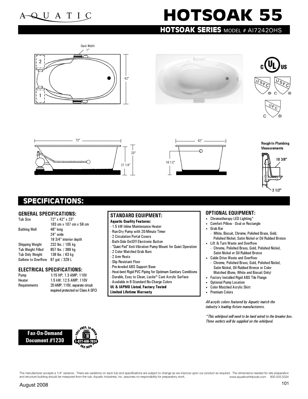 Aquatic AI7242OHS specifications Hotsoak, Specifications, Fax-On-Demand Document #1230 