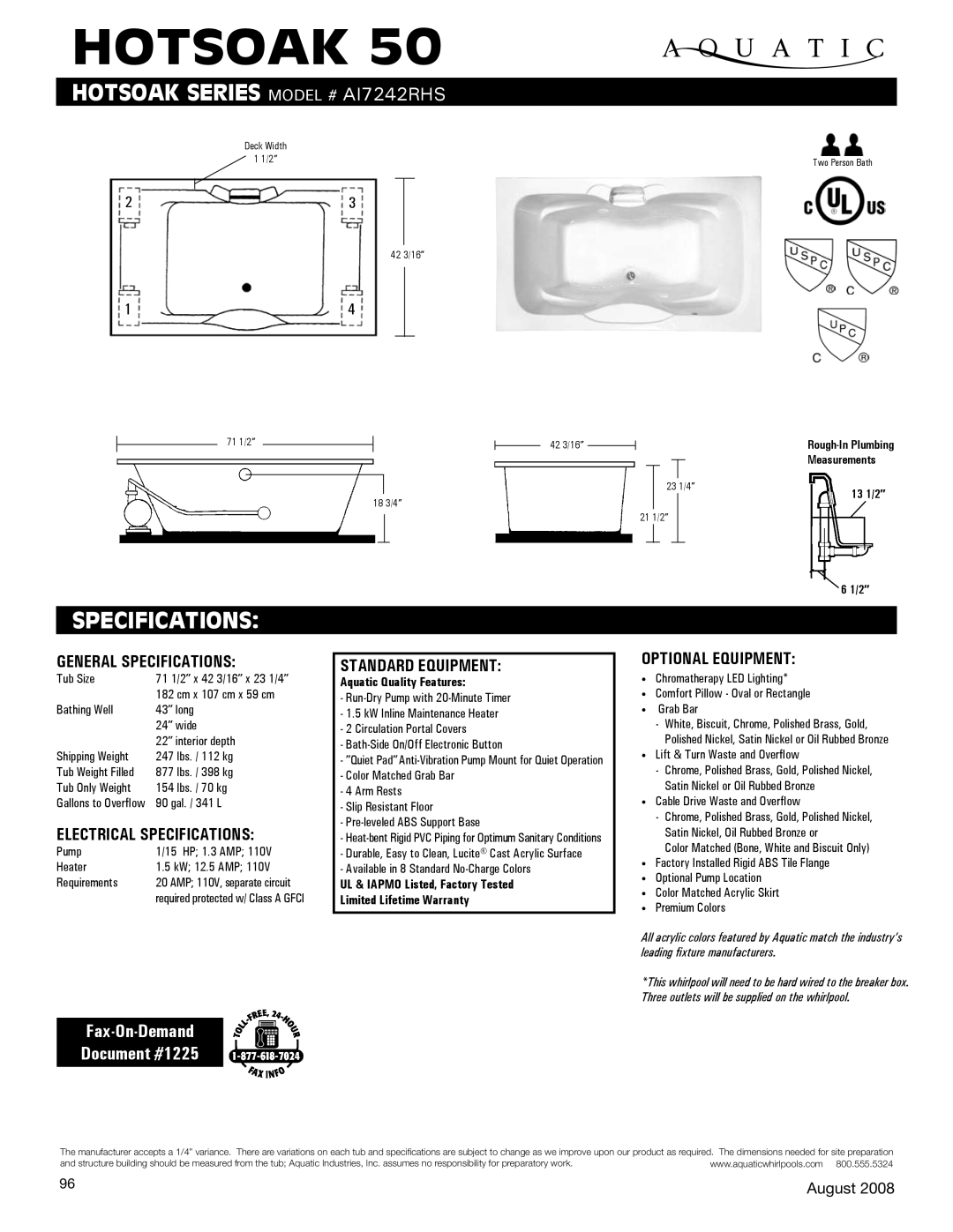 Aquatic specifications HotSoak, Hotsoak SERIEs Model # AI7242RHS, Specifications, Fax-On-Demand Document #1225 