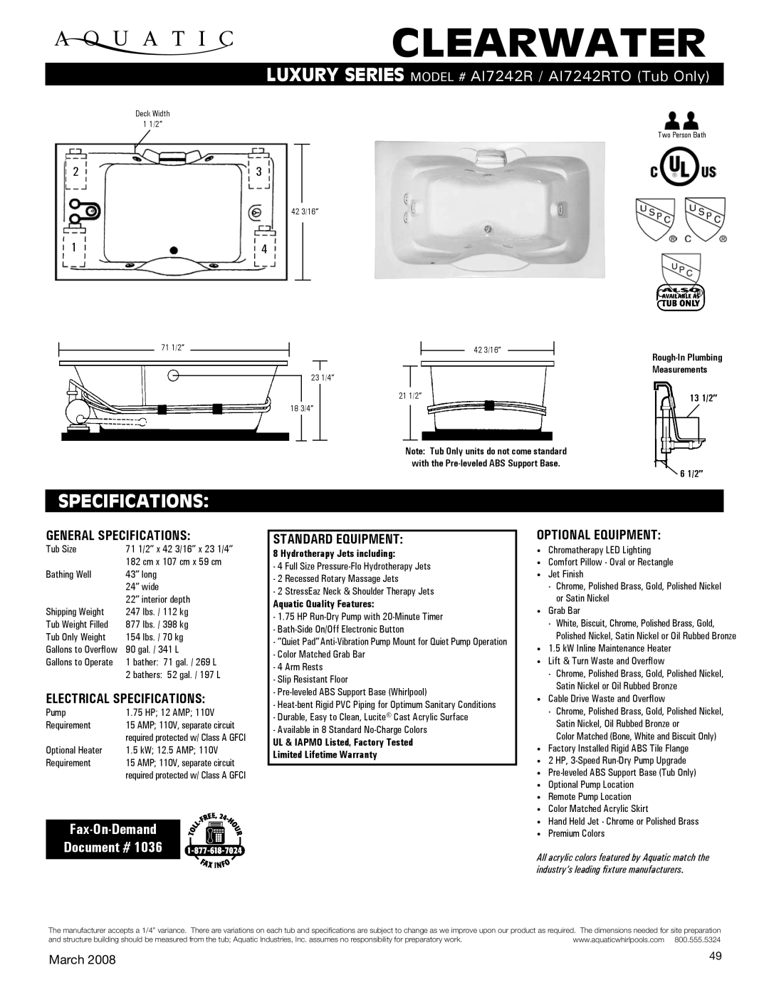 Aquatic AI7242R specifications General Specifications, Electrical Specifications, Standard equipment, Optional equipment 