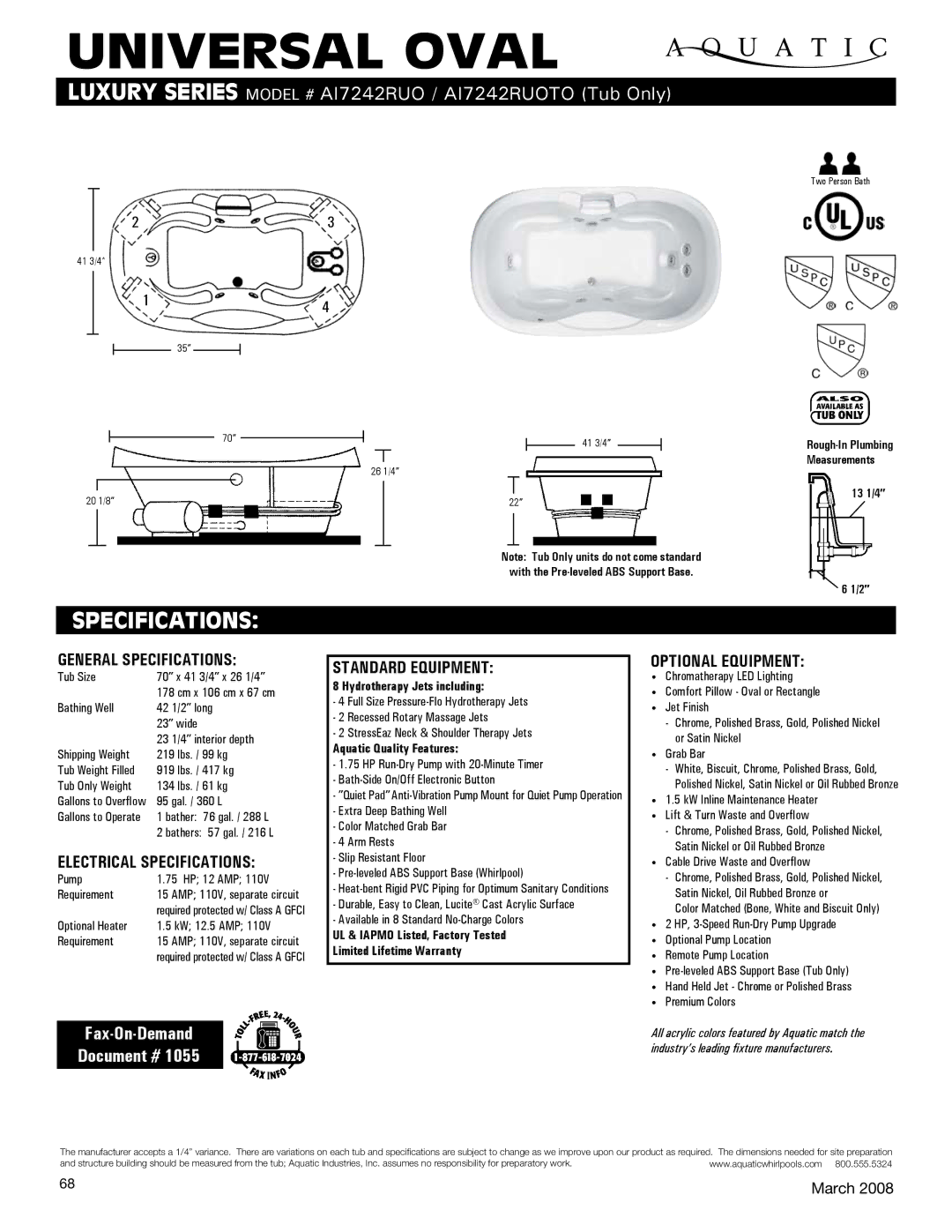 Aquatic AI7242RUOTO specifications Universal Oval, Specifications, Fax-On-Demand Document # 