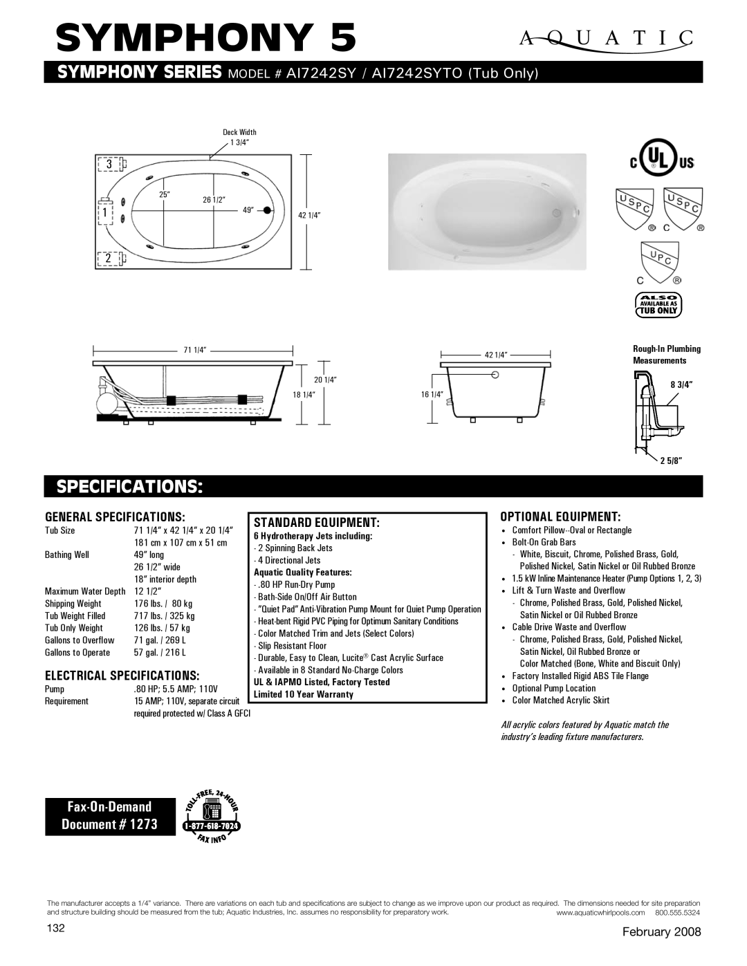 Aquatic AI7242SYTO specifications Symphony, Specifications, Fax-On-Demand Document # 