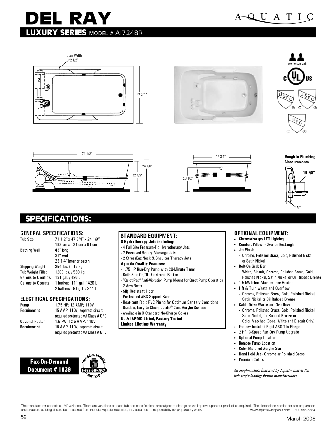 Aquatic AI7248R specifications General Specifications, Electrical Specifications, Standard equipment, Optional equipment 