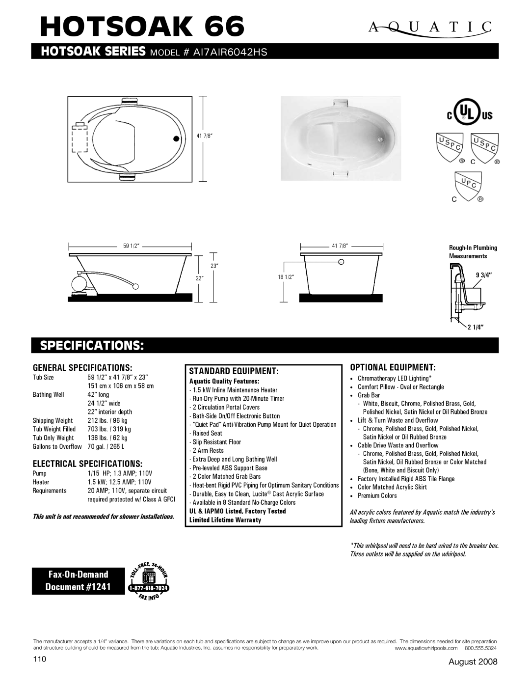 Aquatic AI7AIR6042HS specifications General Specifications, Electrical Specifications, Standard equipment 