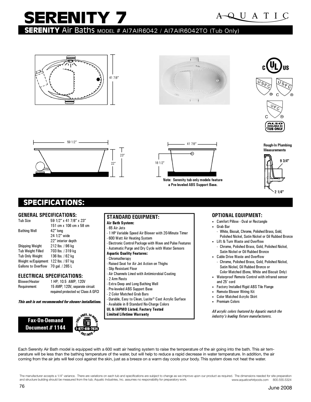 Aquatic AI7AIR6042TO specifications General Specifications, Electrical Specifications, Standard equipment 