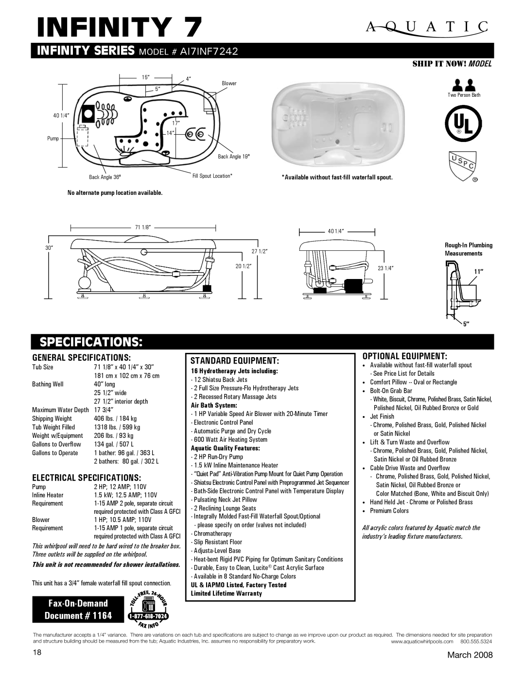 Aquatic AI7INF7242 specifications General Specifications, Electrical Specifications, Standard equipment 