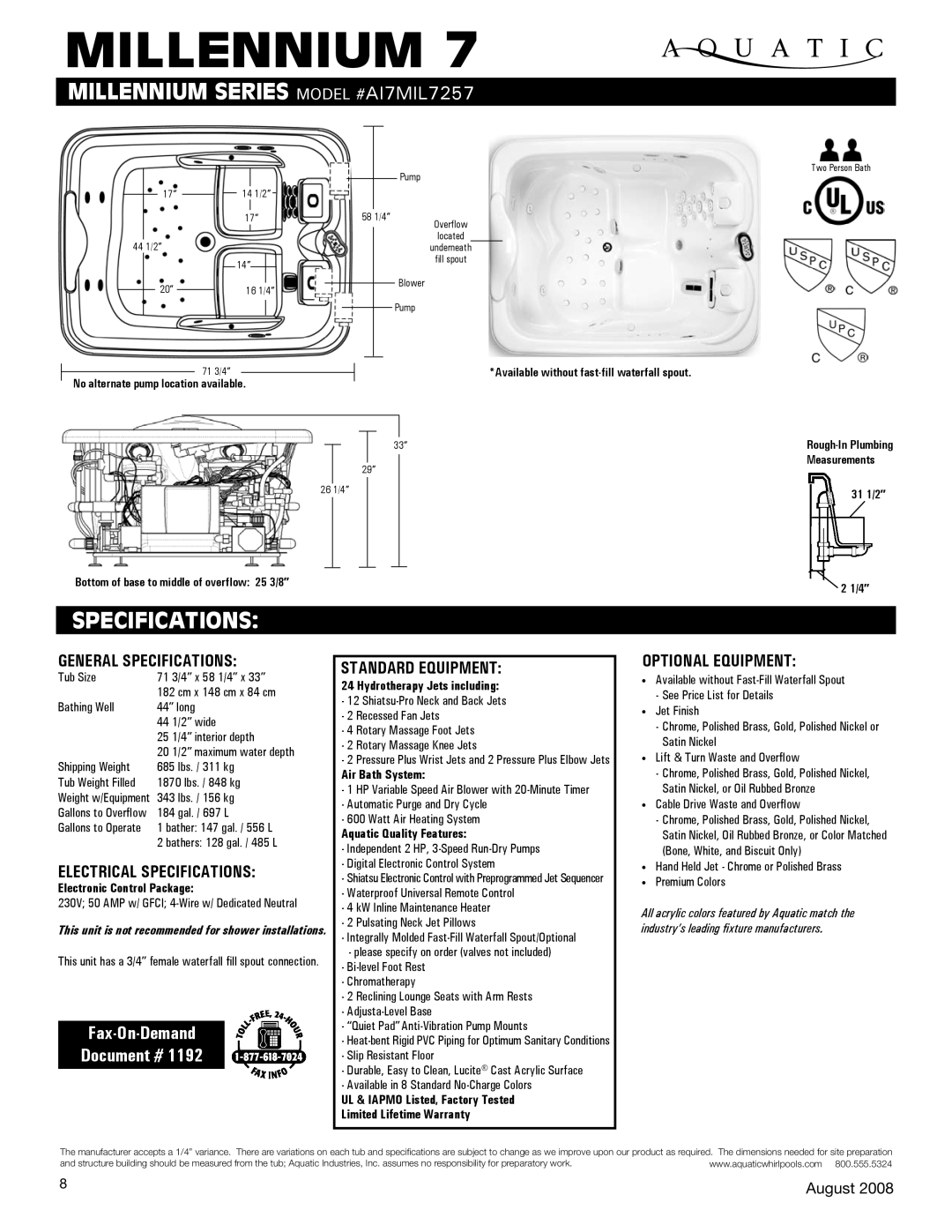 Aquatic AI7mIl7257 specifications General Specifications, Electrical Specifications, Standard equipment 