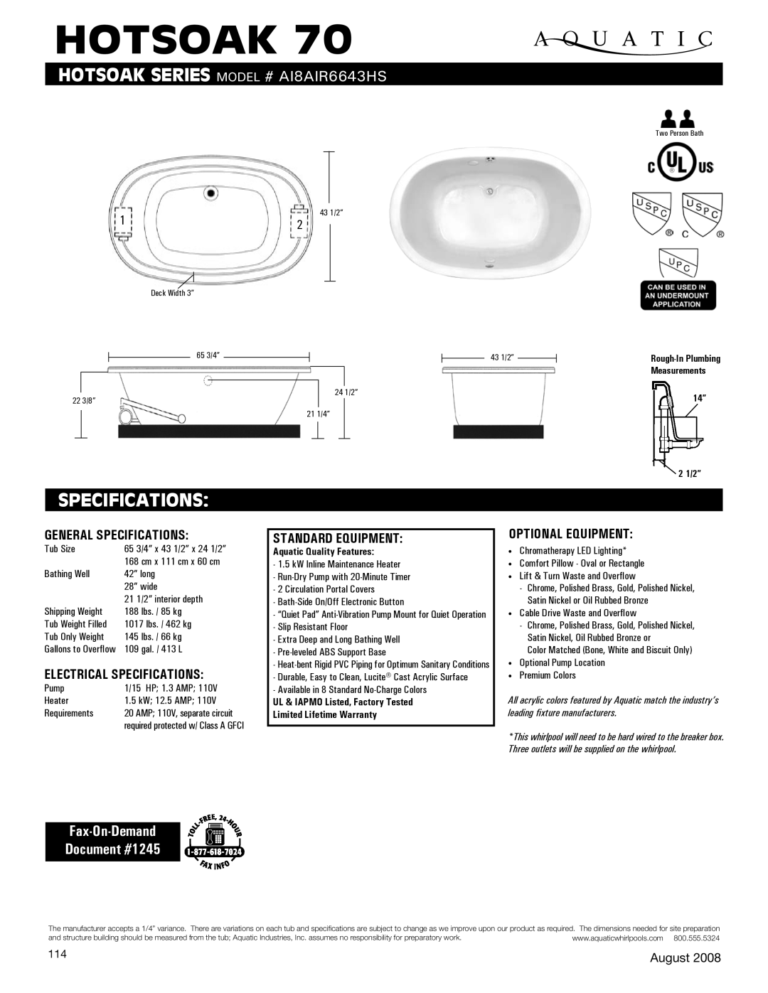 Aquatic AI8AIR6643HS specifications Hotsoak, Specifications, Fax-On-Demand Document #1245 