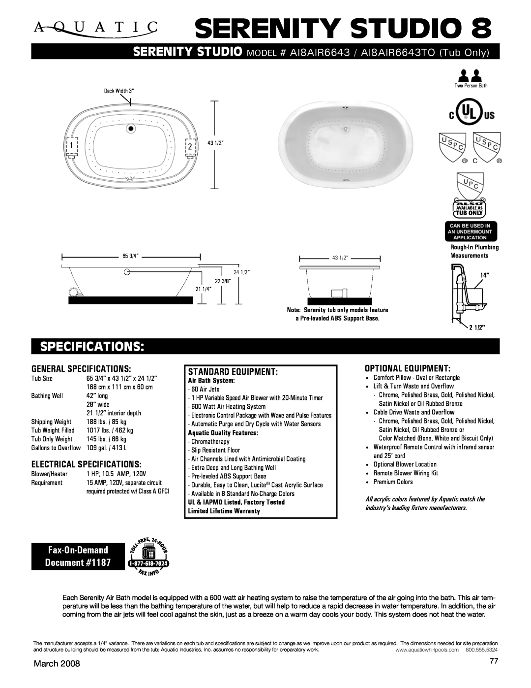 Aquatic AI8AIR6643 specifications Serenity studio, Fax-On-Demand Document #1187, General Specifications, March, 2 1/2” 