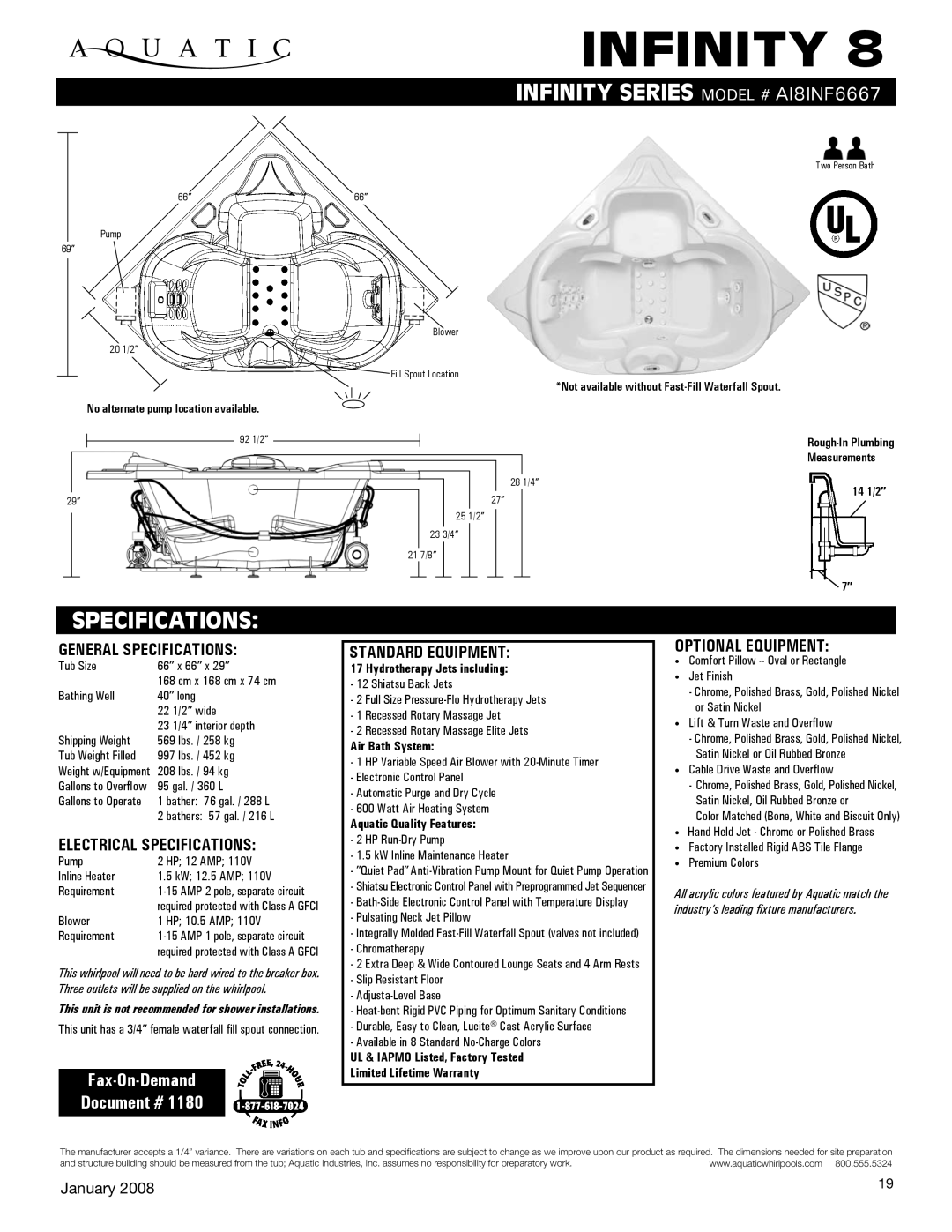 Aquatic AI8ANF6667 specifications General Specifications, Electrical Specifications, Standard equipment 