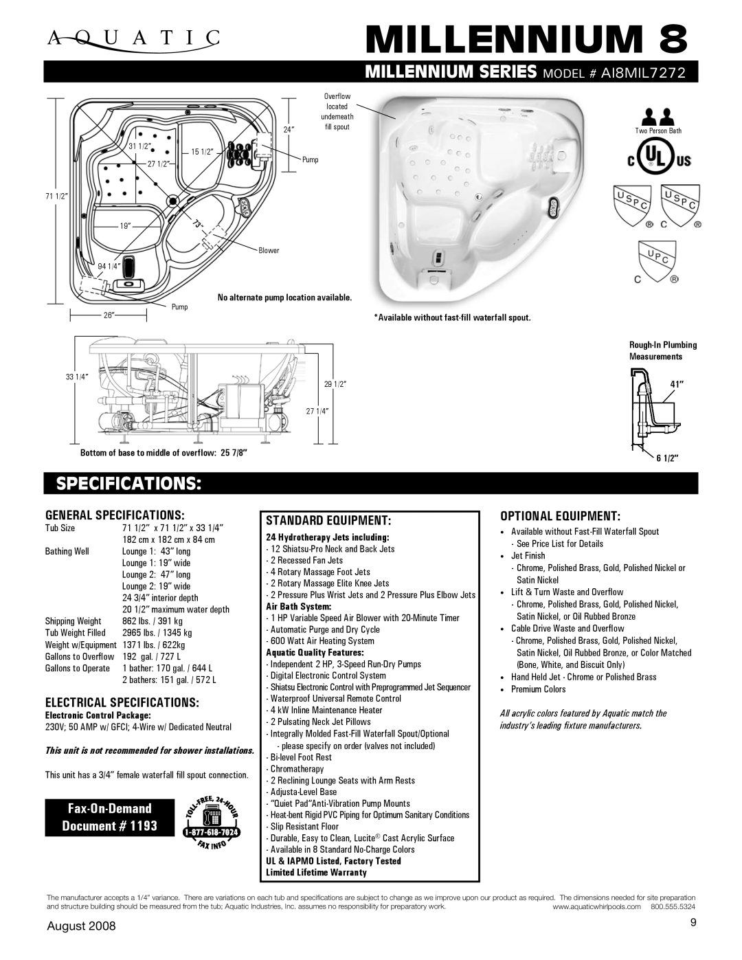 Aquatic AI8mIl7272 specifications General Specifications, Electrical Specifications, Standard equipment 