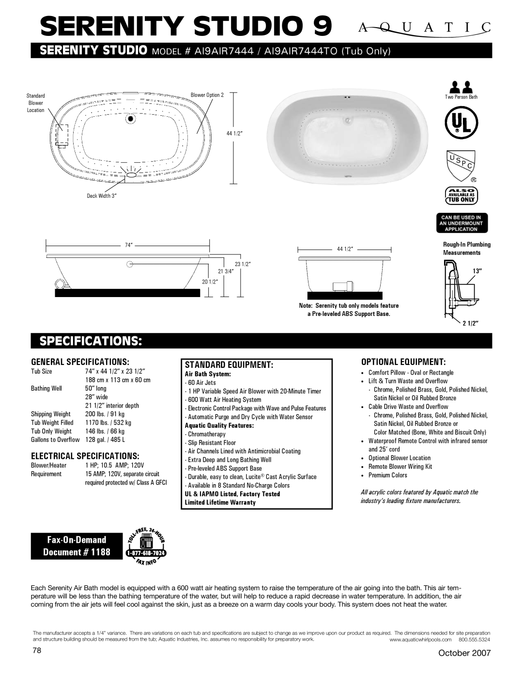 Aquatic AI9AIR7444TO specifications Serenity studio, Specifications, Fax-On-Demand Document # 