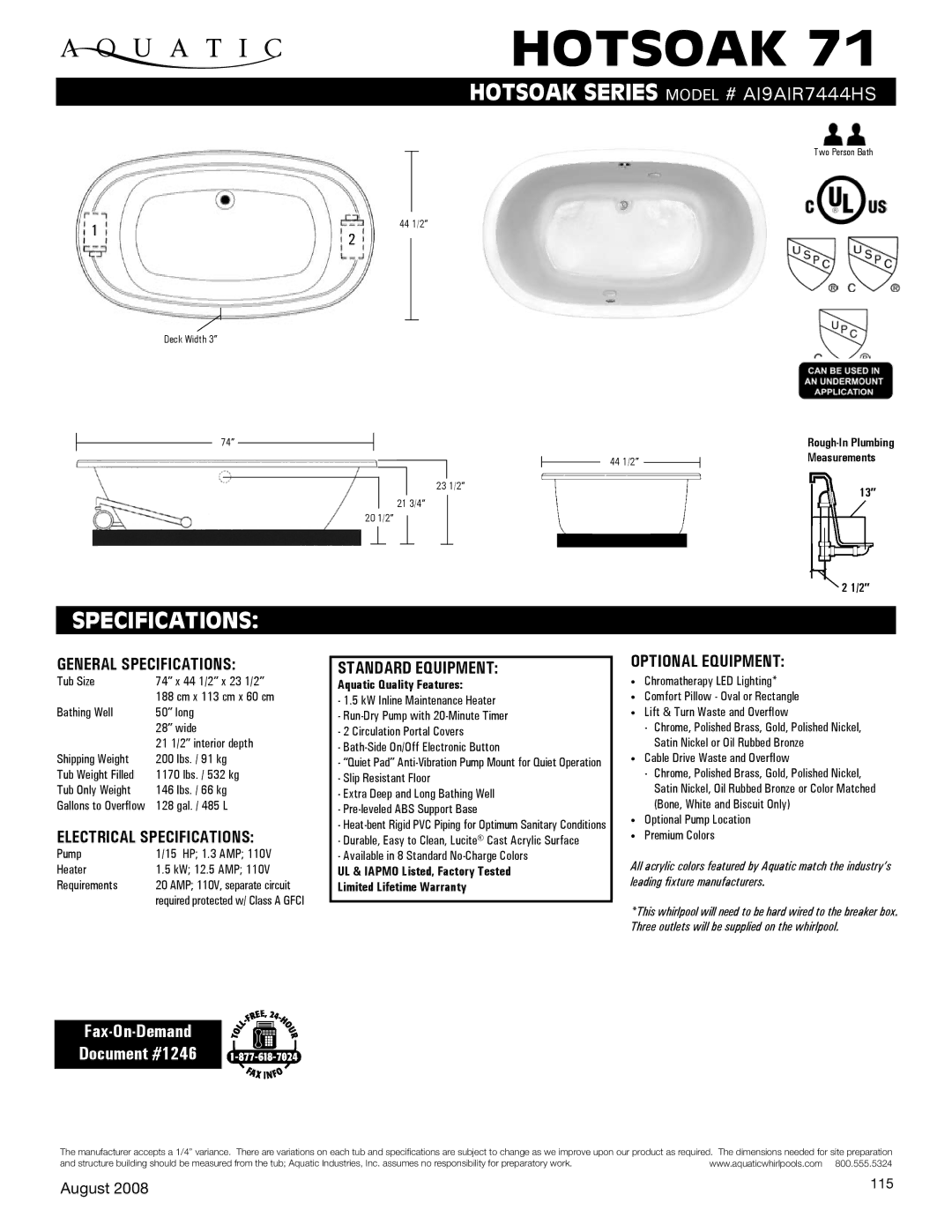 Aquatic AI9AIR7444HS specifications Hotsoak, Specifications, Fax-On-Demand Document #1246 