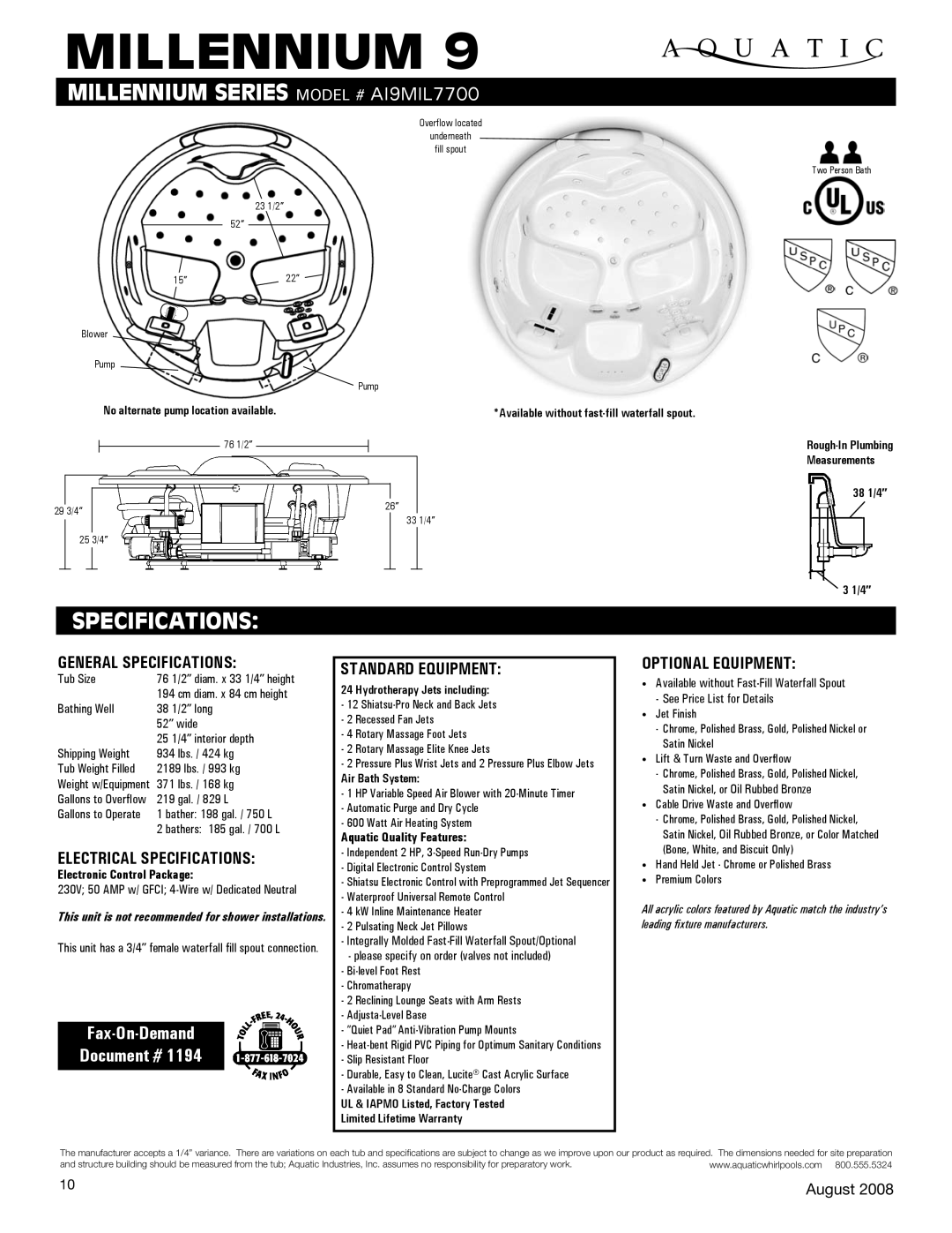 Aquatic AI9mIl7700 specifications General Specifications, Electrical Specifications, Standard equipment 