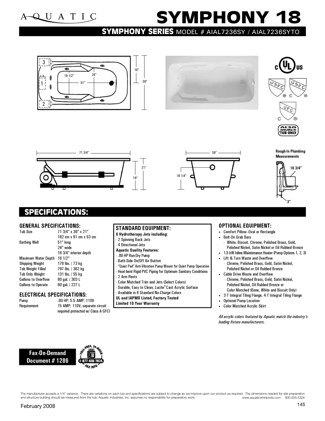 Aquatic AIAL7236SYTO specifications General Specifications, Electrical Specifications, Standard equipment 