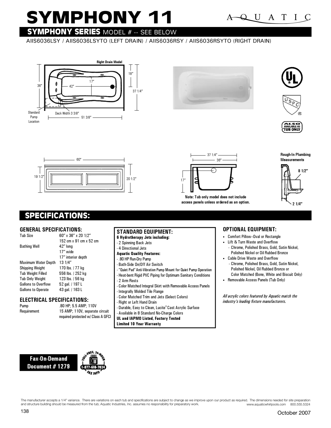 Aquatic AIIS6036RSY, AIIS6036LSYTO specifications General Specifications, Electrical Specifications, Standard equipment 