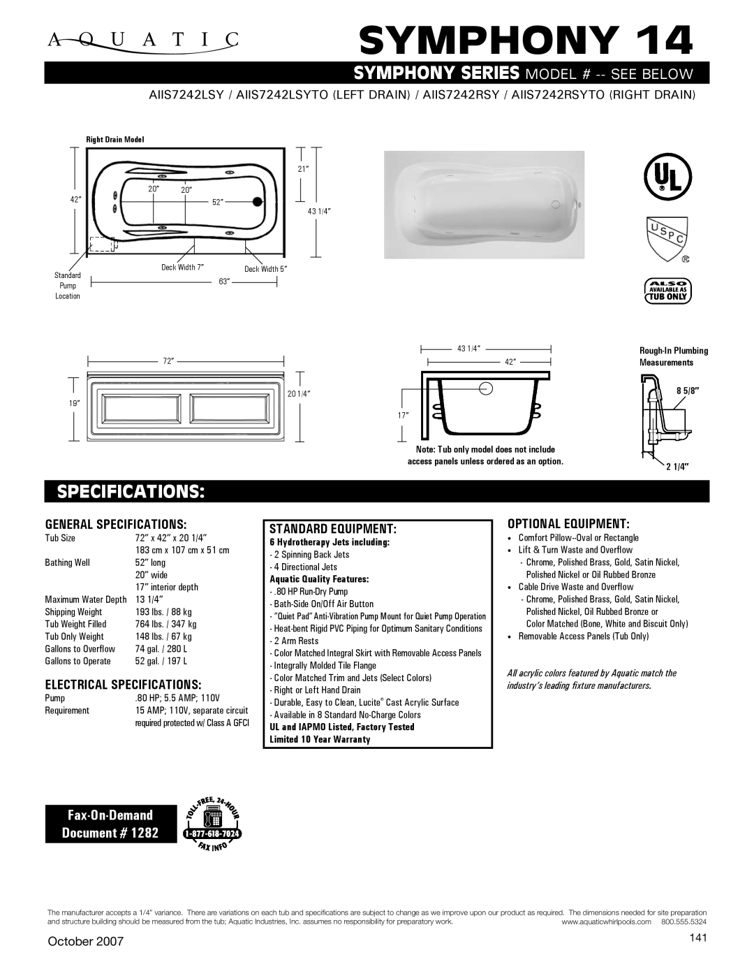 Aquatic AIIS7242LSYTO, AIIS7242RSY specifications General Specifications, Electrical Specifications, Standard equipment 