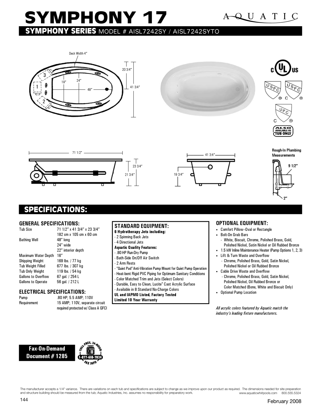 Aquatic AISl7242SYTO specifications General Specifications, Electrical SpecifIcations, Standard equipment 