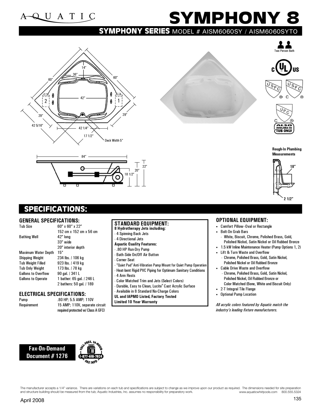 Aquatic AISM6060SYTO specifications General Specifications, Electrical Specifications, Standard equipment 