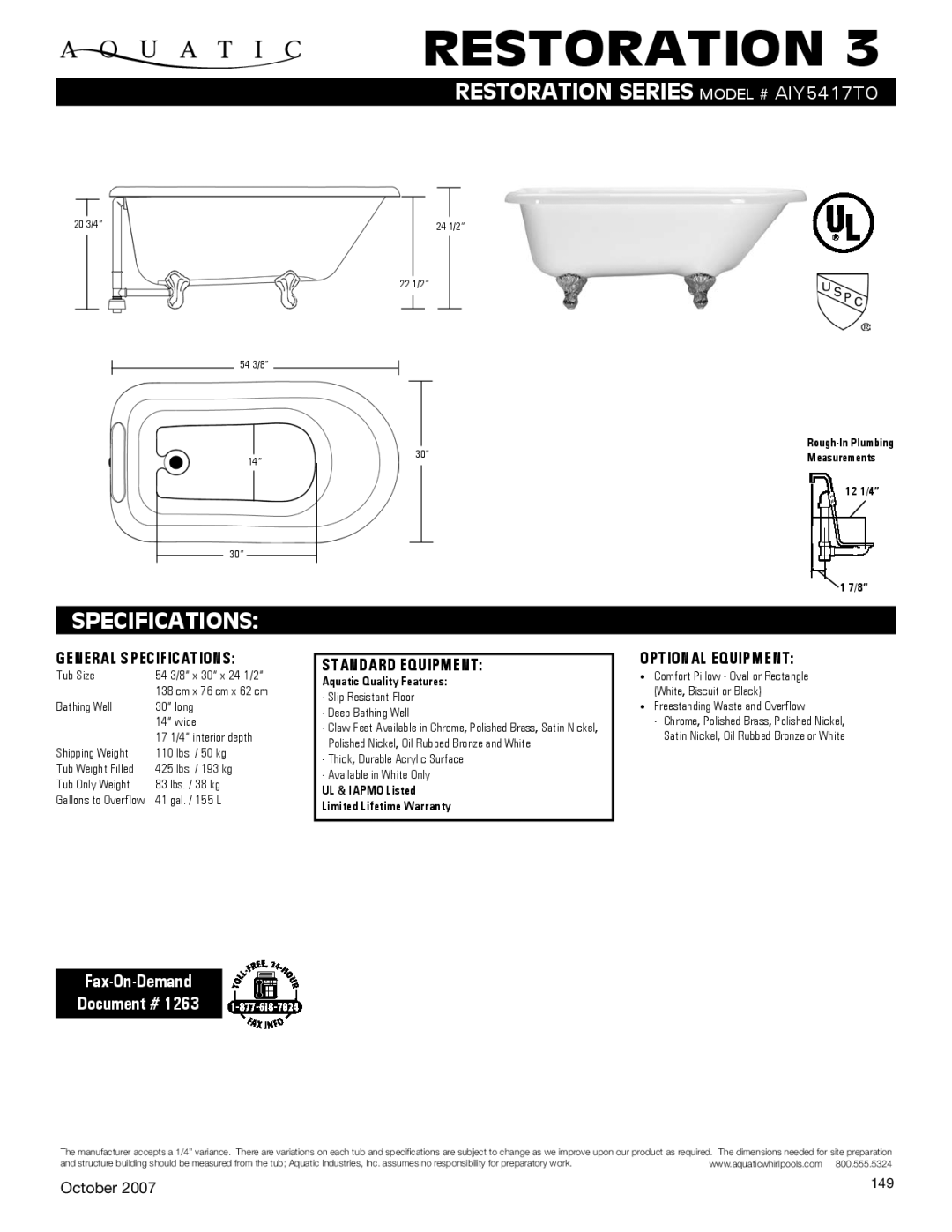 Aquatic AIY5417TO specifications Restoration, Specifications, Fax-On-Demand Document # 