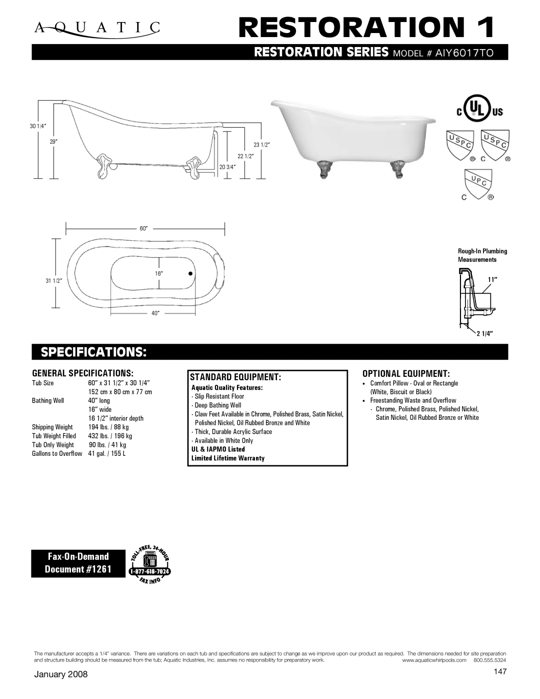 Aquatic AIY6017TO specifications Restoration, Specifications, Fax-On-Demand Document #1261 