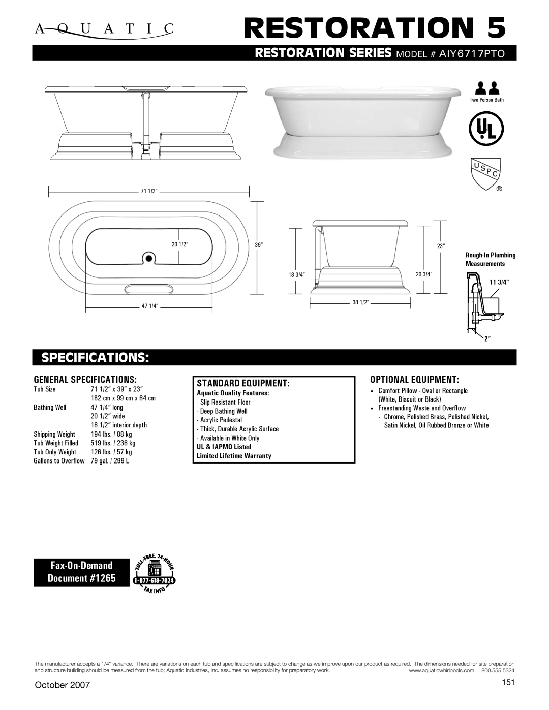 Aquatic AIY6717PTo specifications Restoration, Specifications, Fax-On-Demand Document #1265 