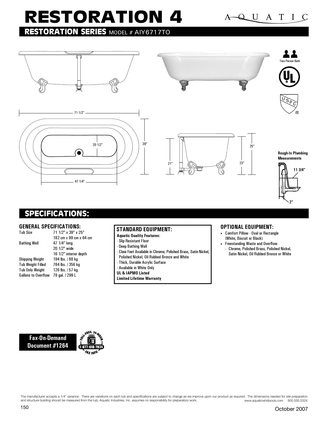 Aquatic AIY6717to specifications Restoration, Specifications, Fax-On-Demand Document #1264 