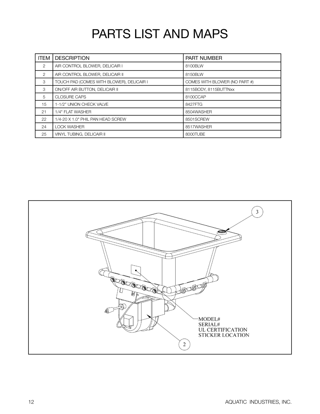 Aquatic Delicair Laundry Basin owner manual Parts list and maps, Description Part Number 