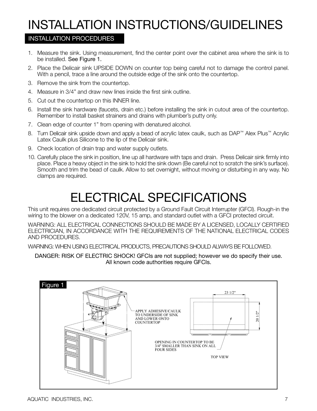 Aquatic Delicair Laundry Basin owner manual Electrical Specifications, Installation Procedures 