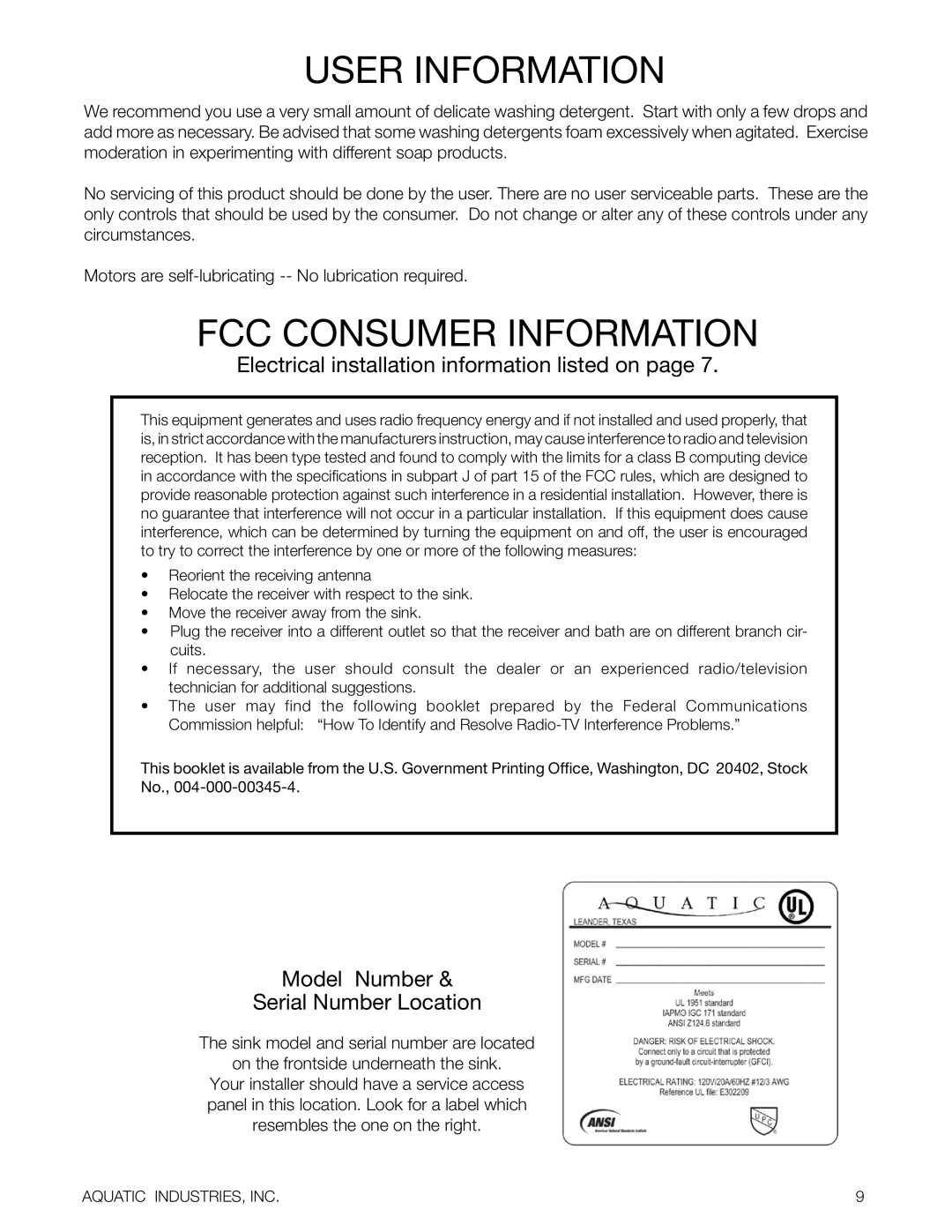 Aquatic Delicair Laundry Basin owner manual User information, Fcc consumer information 