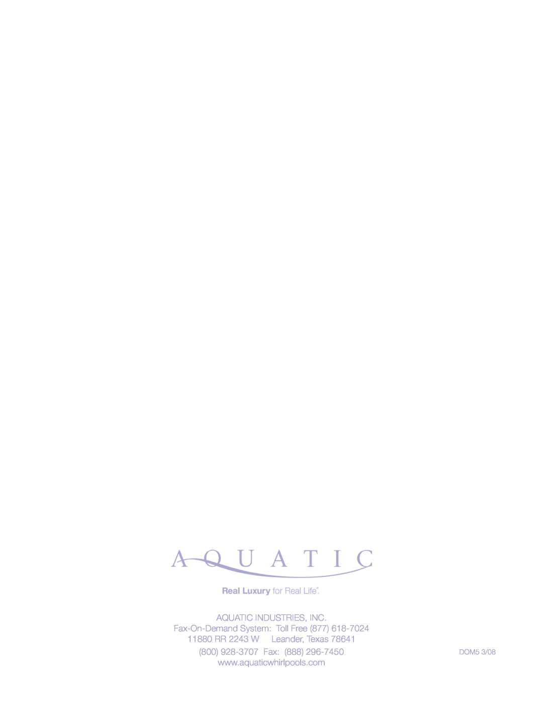 Aquatic Delicair Laundry Basin Aquatic Industries, Inc, Fax-On-DemandSystem Toll Free, 11880 RR 2243 W Leander, Texas 