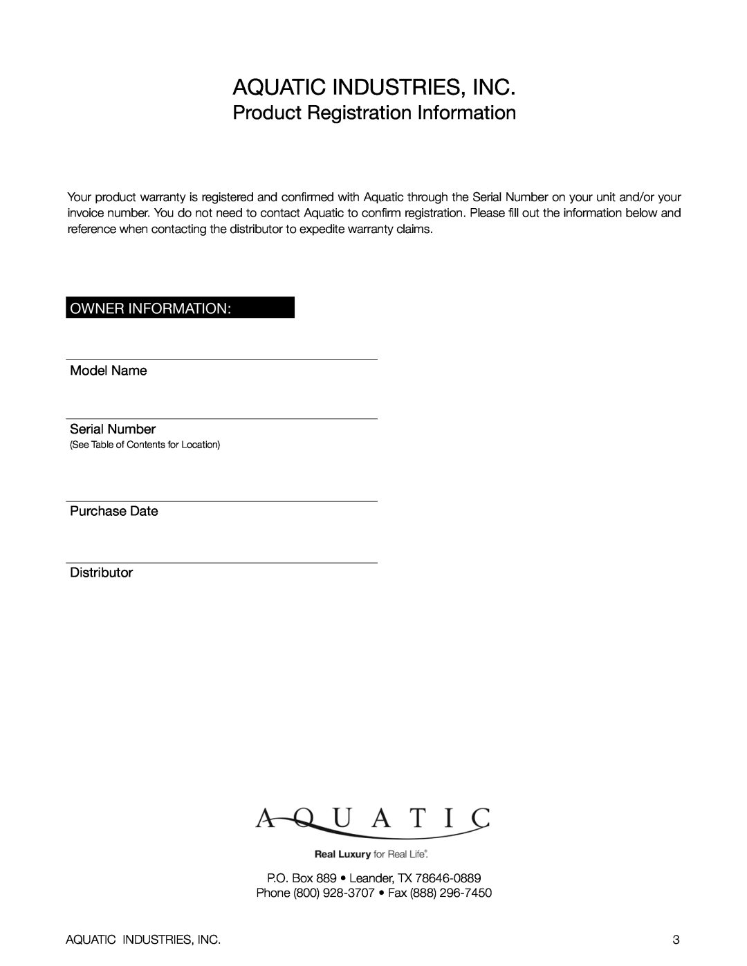 Aquatic Delicair Laundry Basin owner manual Aquatic Industries, Inc, Product Registration Information, Owner Information 