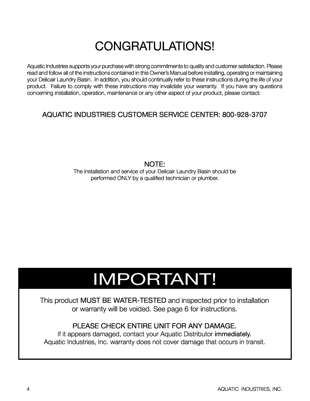 Aquatic Delicair Laundry Basin owner manual congratulations, Aquatic Industries Customer Service Center 