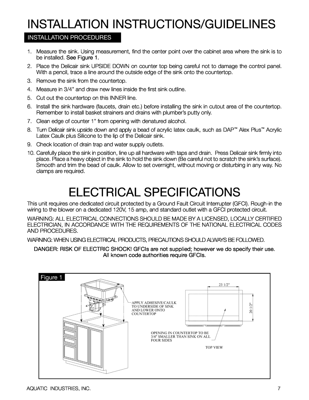 Aquatic Delicair Laundry Basin Electrical Specifications, Installation Instructions/Guidelines, Installation Procedures 
