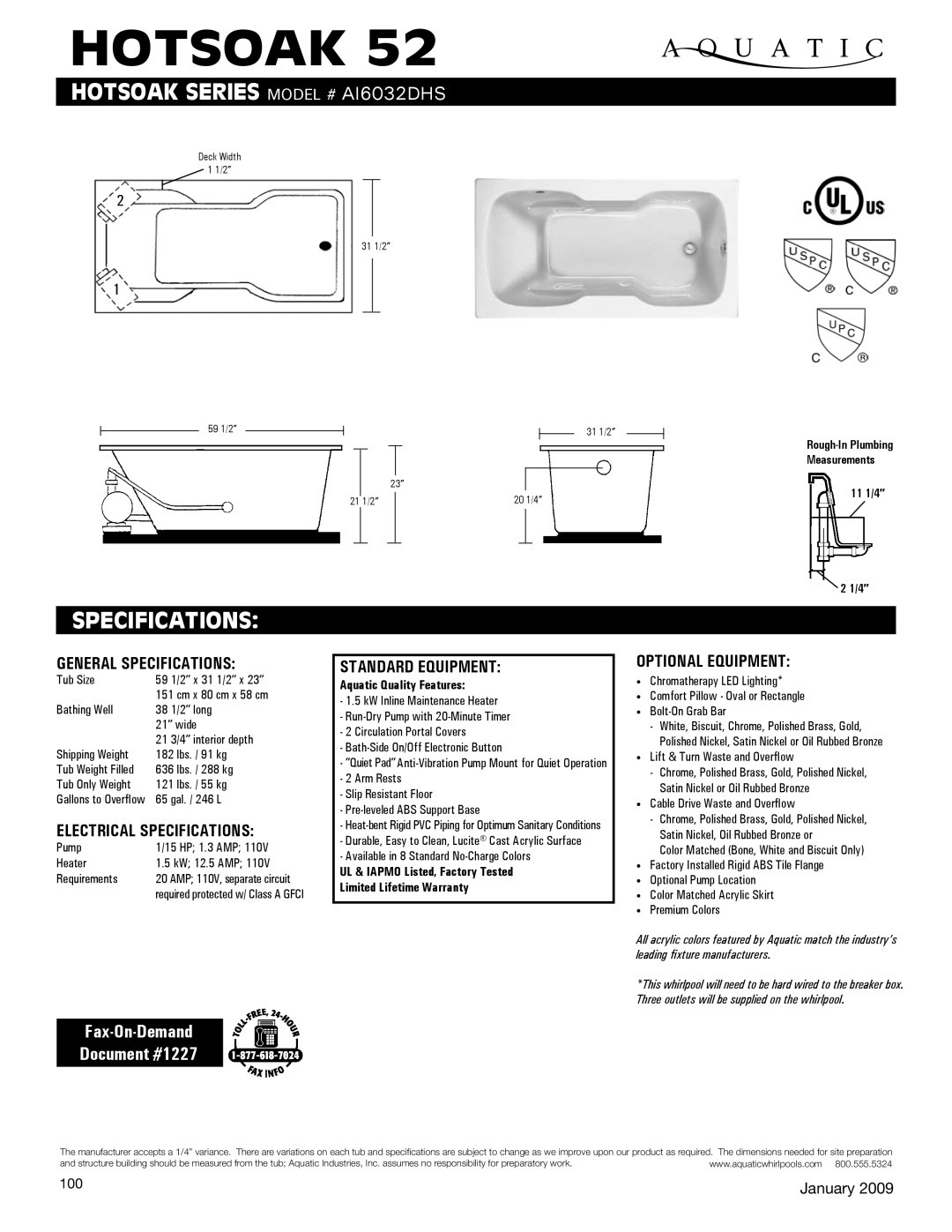 Aquatic AI6032DHS, Hotsoak 52 specifications Specifications, Fax-On-Demand Document #1227 