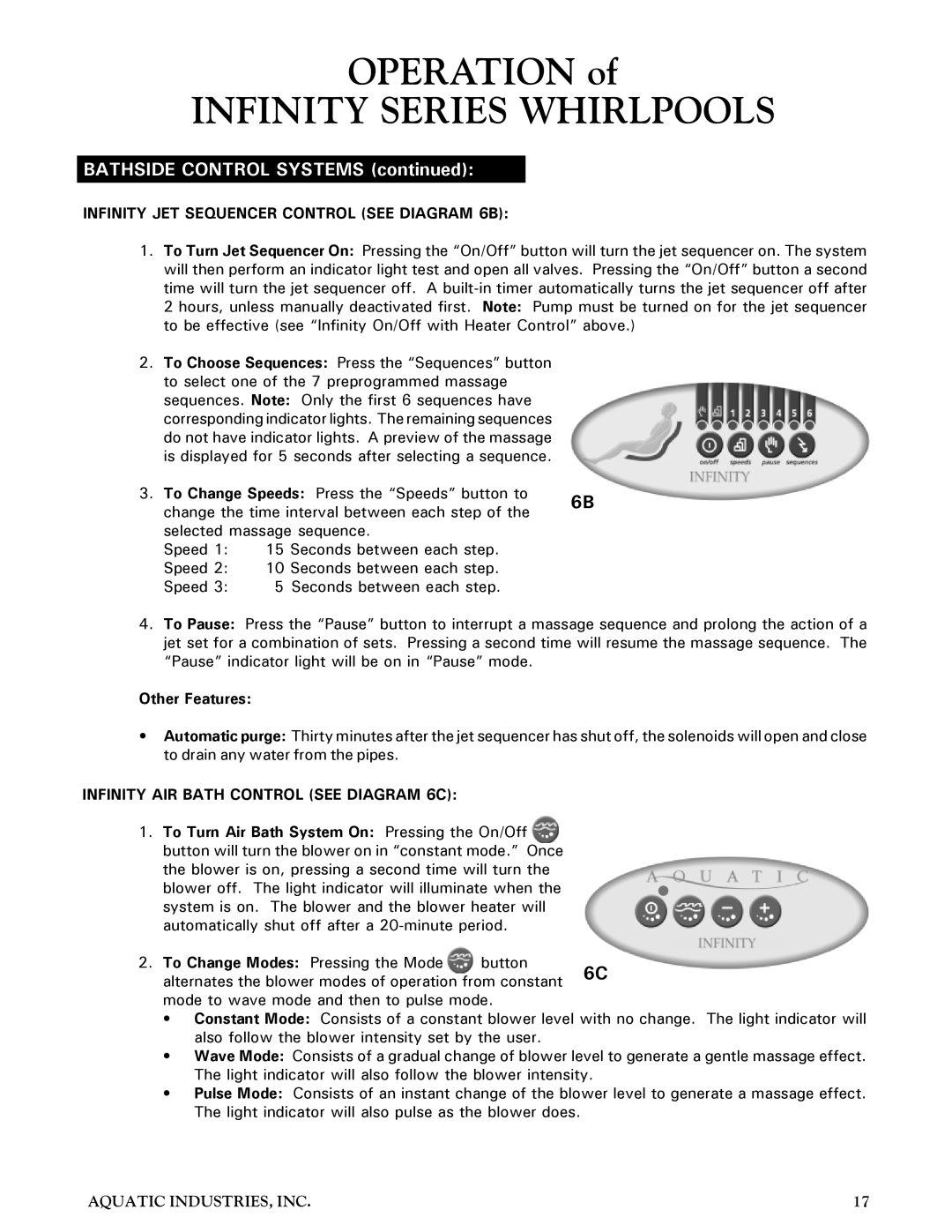 Aquatic Infinity Series Infinity JET Sequencer Control see Diagram 6B, Infinity AIR Bath Control see Diagram 6C 