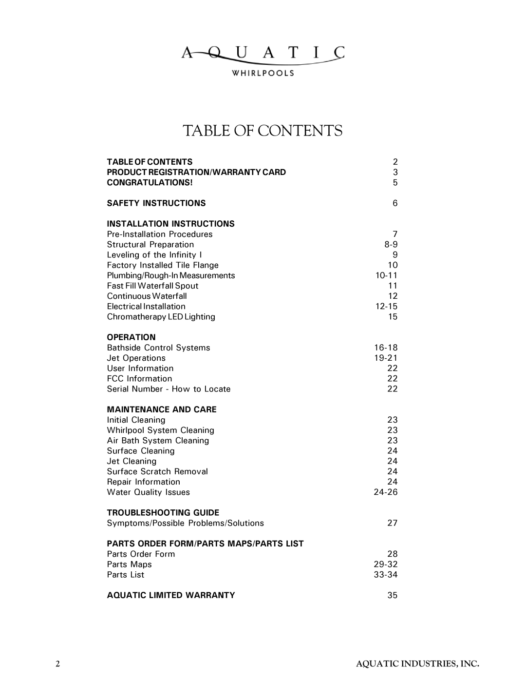 Aquatic Infinity Series owner manual Table of Contents 