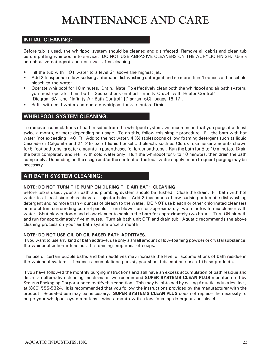 Aquatic Infinity Series Maintenance and Care, Initial Cleaning, Whirlpool System Cleaning, AIR Bath System Cleaning 