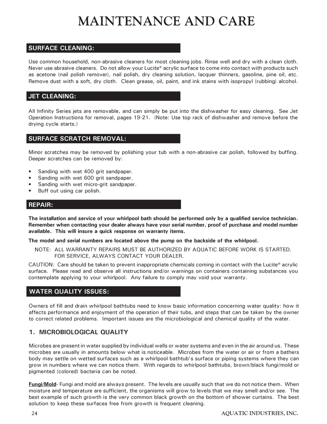 Aquatic Infinity Series owner manual Surface Cleaning, JET Cleaning, Surface Scratch Removal, Repair, Water Quality Issues 