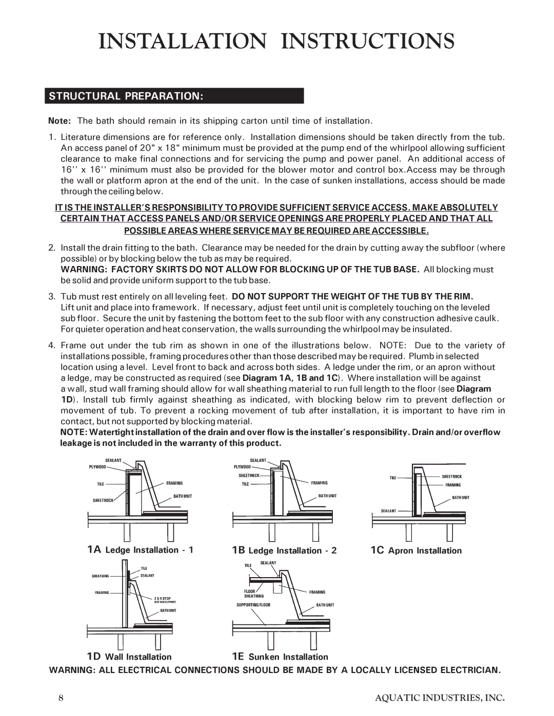 Aquatic Infinity Series owner manual Installation Instructions, Structural Preparation 