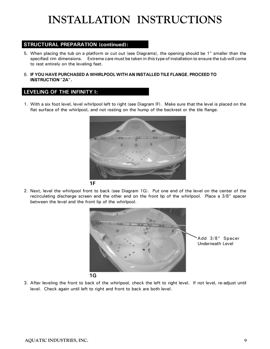 Aquatic Infinity Series owner manual Structural Preparation, Leveling of the Infinity 