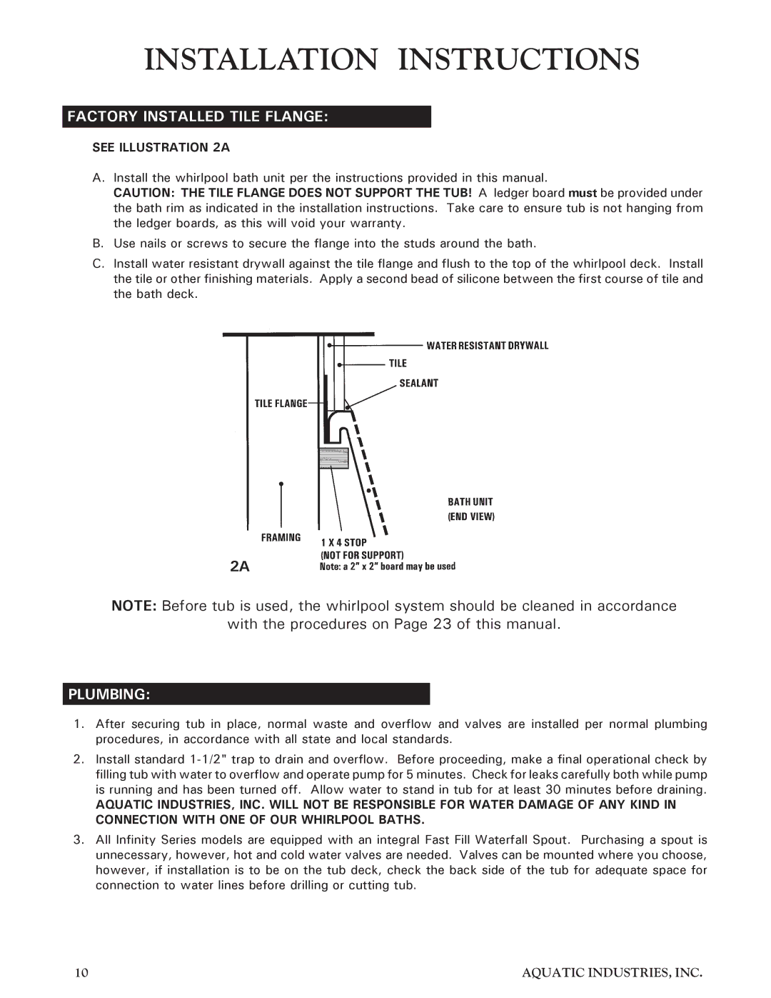 Aquatic Infinity Series owner manual Factory Installed Tile Flange, Plumbing, See Illustration 2A 