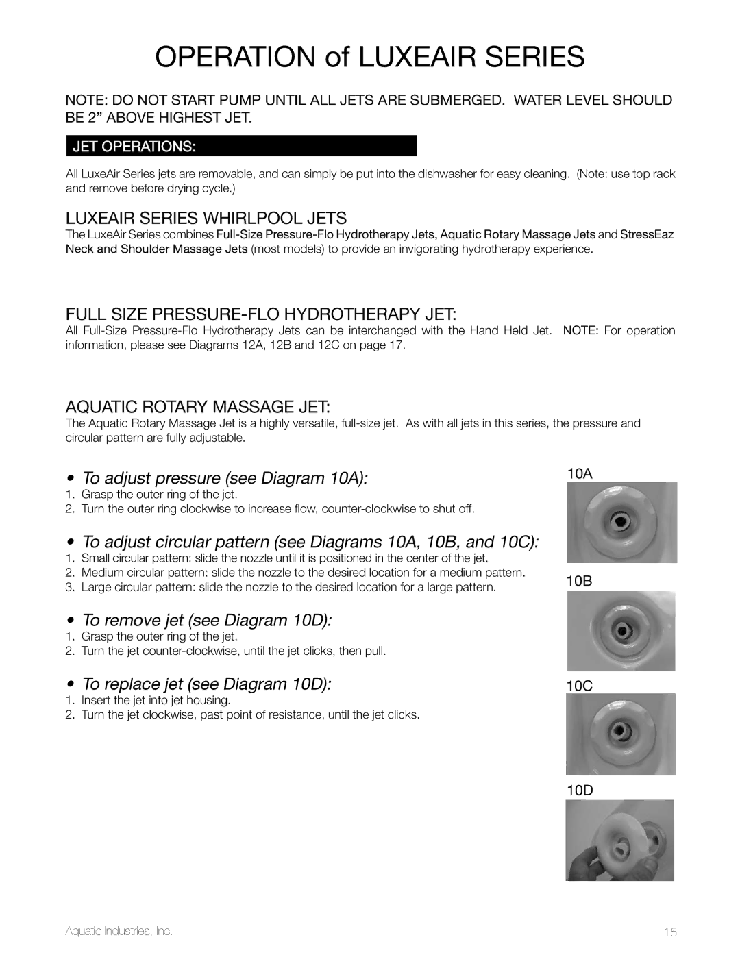 Aquatic LuxeAir Series Operation of LuxeAir series, LuxEAIR Series Whirlpool Jets, Full Size Pressure-Flo Hydrotherapy Jet 