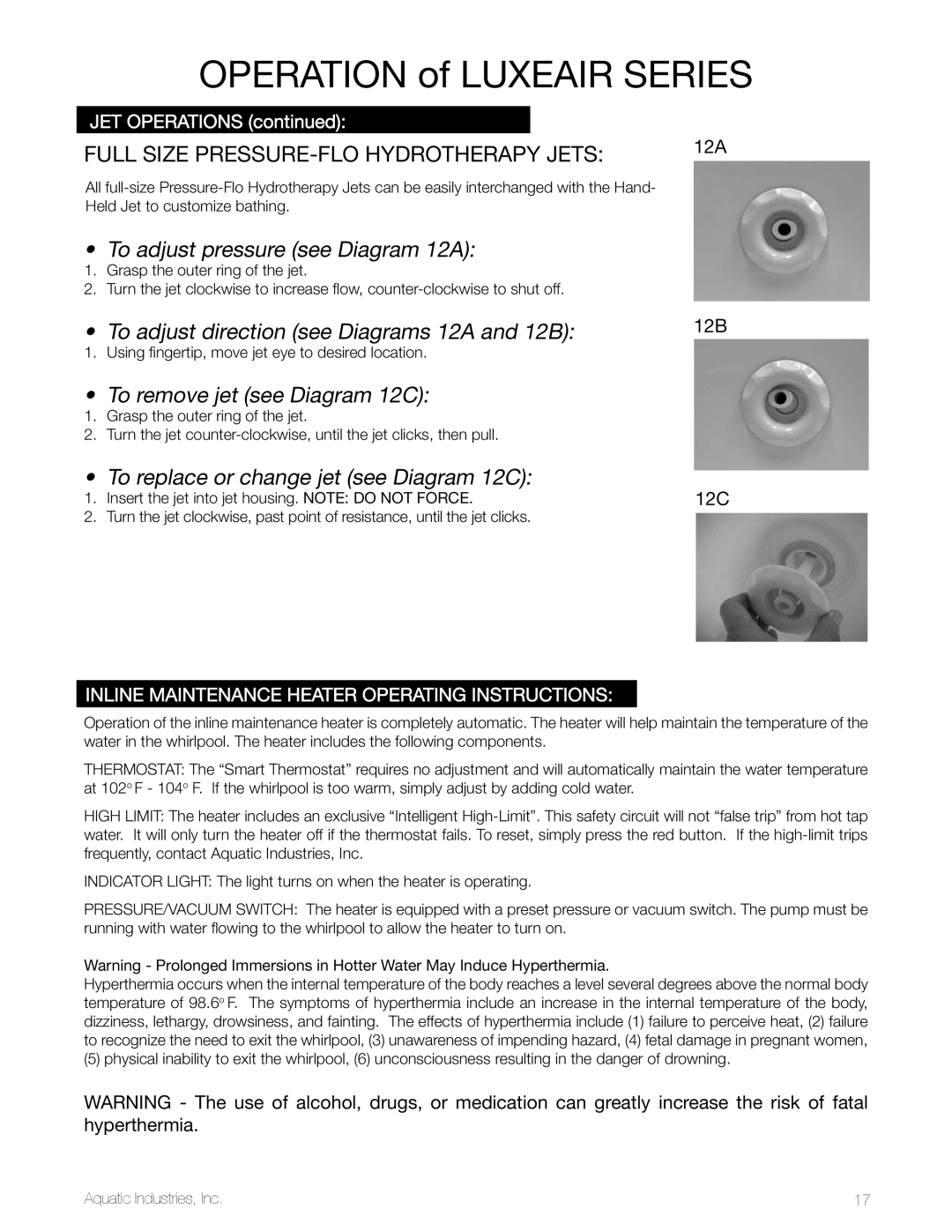 Aquatic LuxeAir Series Full Size Pressure-Flo Hydrotherapy Jets, 12B 12C, Inline maintenance heater operating instructions 