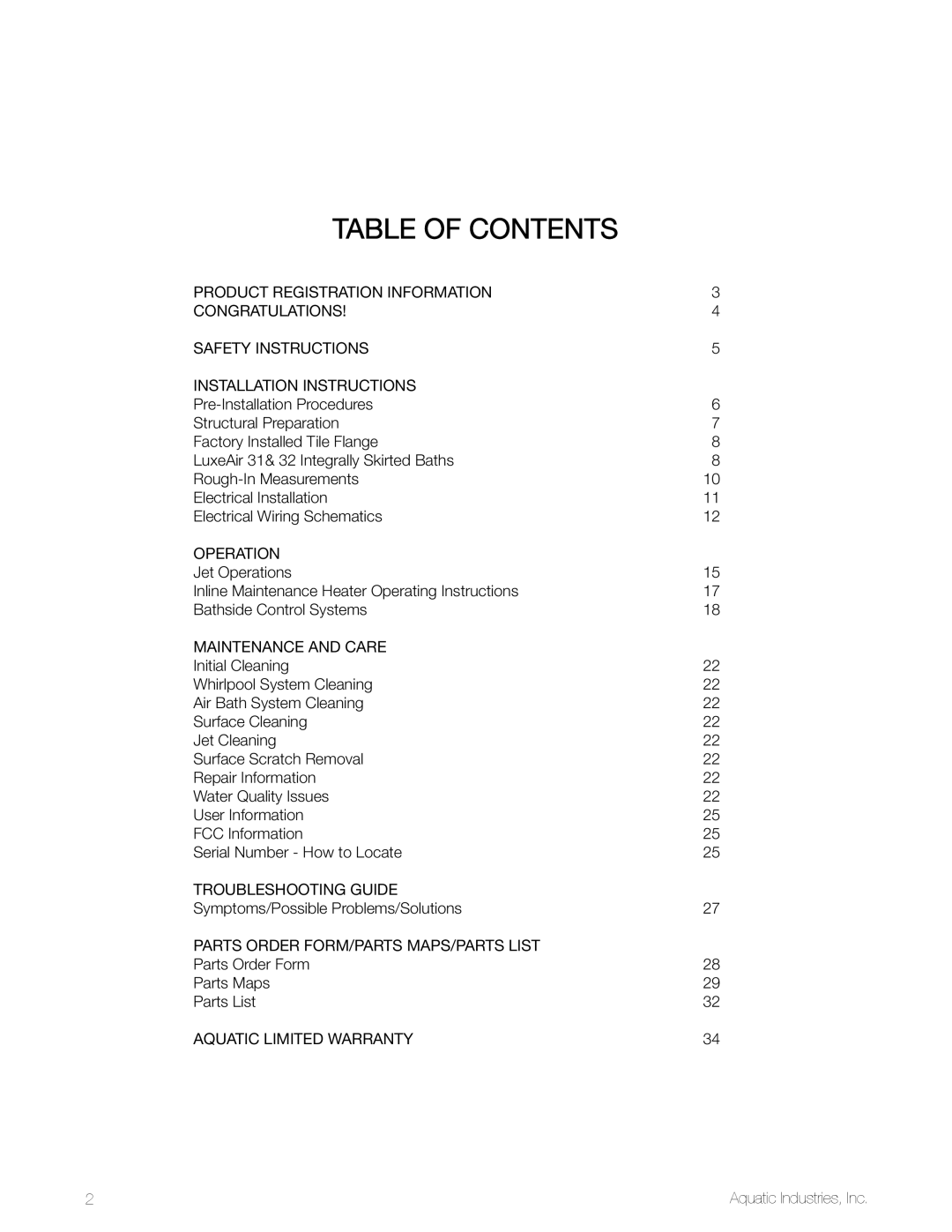 Aquatic LuxeAir Series owner manual Table of Contents 