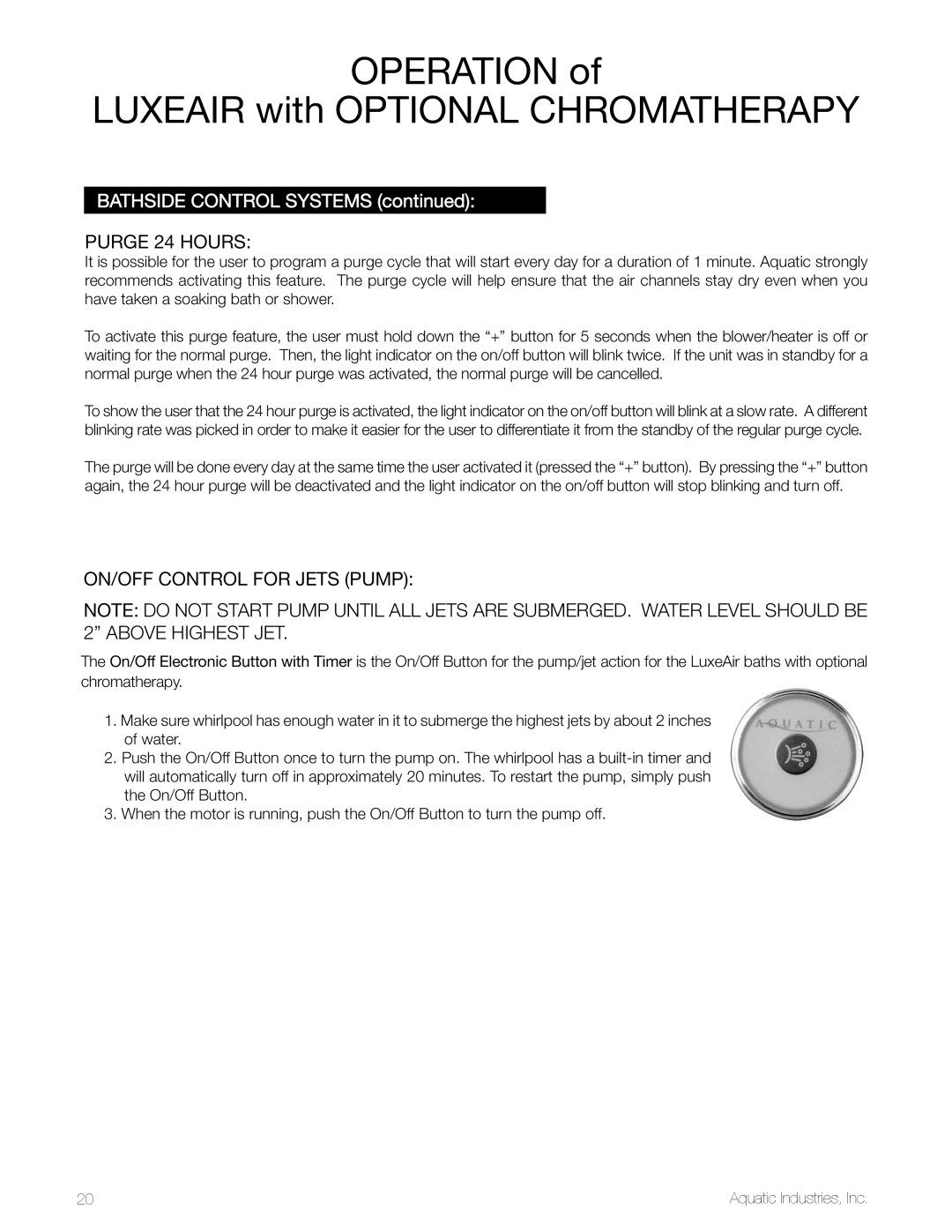 Aquatic LuxeAir Series owner manual On/Off Control for Jets Pump 