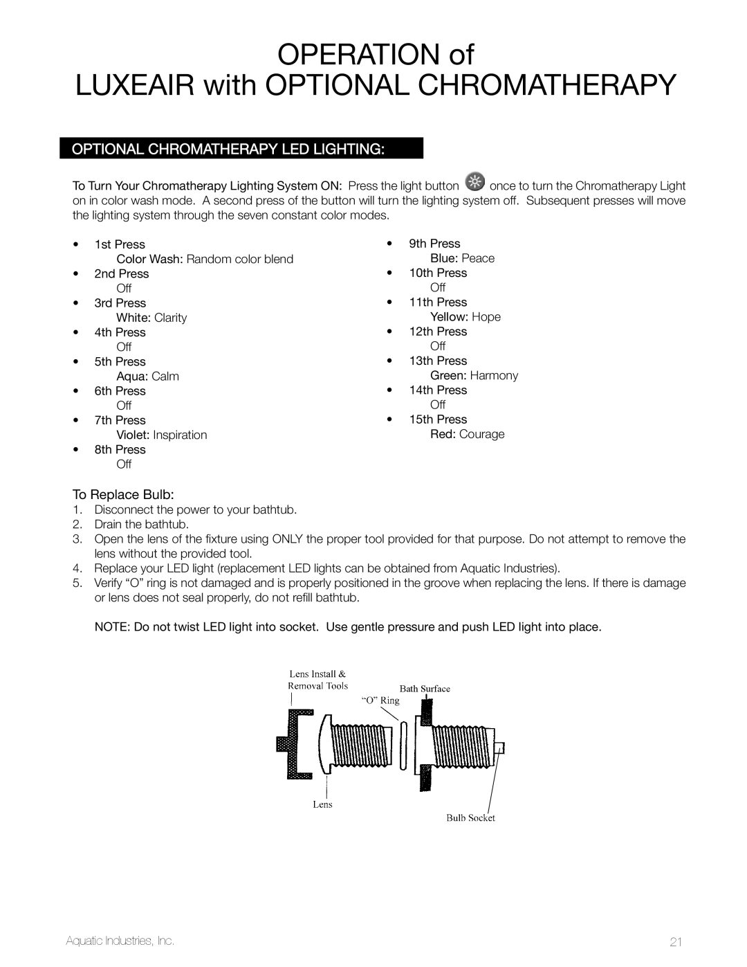 Aquatic LuxeAir Series owner manual Optional Chromatherapy LED lighting, To Replace Bulb 