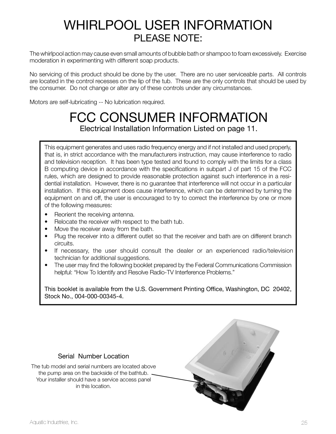 Aquatic LuxeAir Series Whirlpool user information, Fcc consumer information, Electrical Installation Information Listed on 