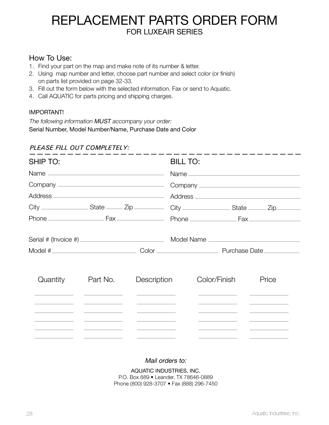 Aquatic LuxeAir Series Replacement parts Order form, For LuxEAir series How To Use, Quantity Description, Price 